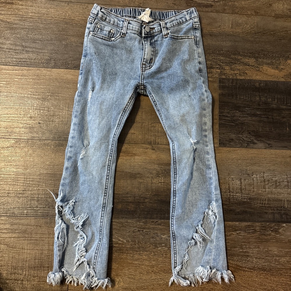Hayden Girls Blue Denim Jeans Size Small Ruffle Frayed Hem Elastic Waist Flare